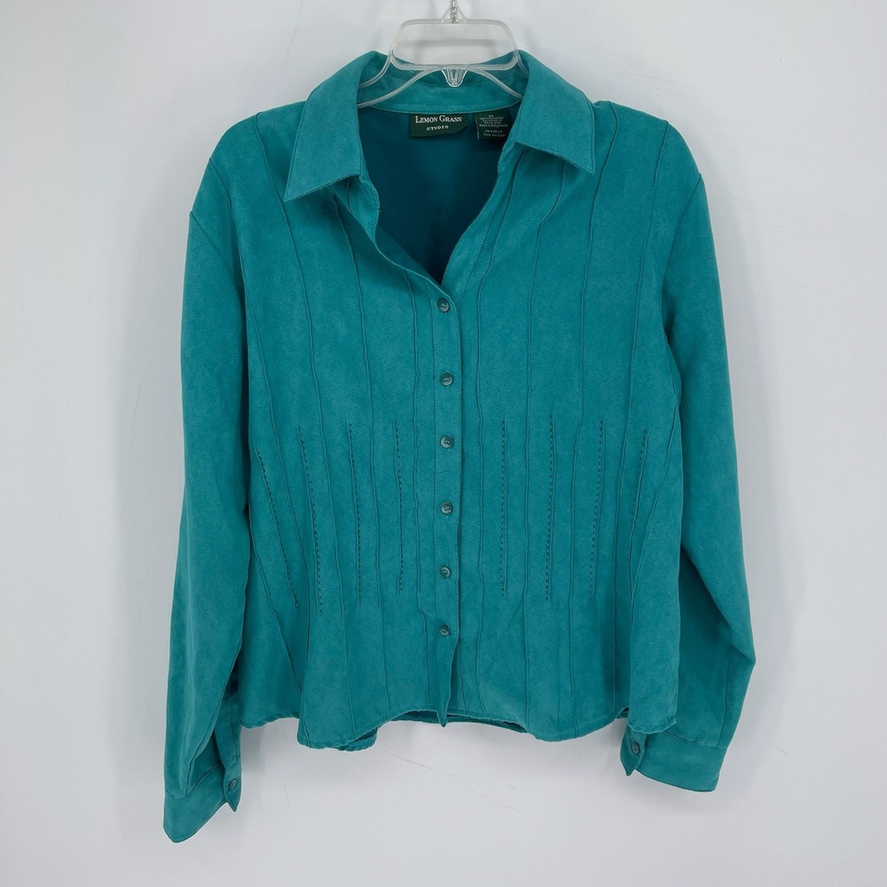Lemon Grass Studio Women's Teal Faux Suede Pintuck Button Front Shirt Size XL